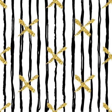 Modern Dikişsiz desen fırça çizgileri ve çapraz. Beyaz arka planda siyah, altın metalik renk. Altın glitter doku. Mürekkep geometrik öğeleri. Moda podyum stil. Kumaş bez baskı yineleyin.