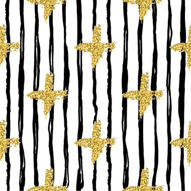 Modern Dikişsiz desen fırça çizgileri ve çapraz. Beyaz arka planda siyah, altın metalik renk. Altın glitter doku. Mürekkep geometrik öğeleri. Moda podyum stil. Kumaş bez baskı yineleyin.