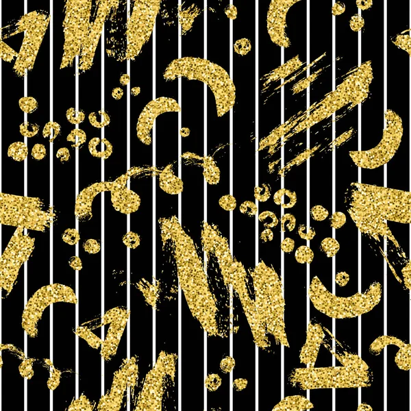 Altın glitter fırça şerit, leke ve nokta ile modern seamless modeli. Siyah zemin üzerine altın, beyaz renk. Metalik doku el boyalı. Parlak kıvılcım öğeleri. Moda modern tarzı. Tekrar Yazdır. — Stok fotoğraf