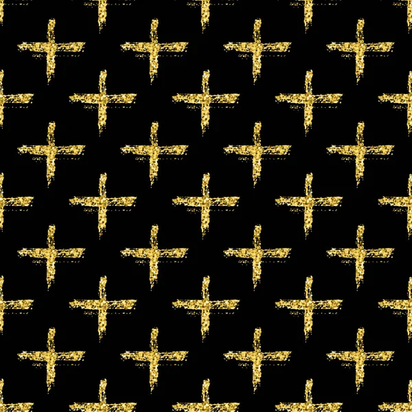 Moderne nahtlose Muster mit Bürste glänzendes Kreuz. Goldmetallic auf schwarzem Hintergrund. goldene Glitzertextur. Tinte geometrischen Elementen. Mode Laufsteg-Stil. Stoffbedruckung wiederholen. — Stockfoto