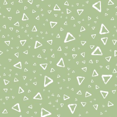 Vektör Dikişsiz desen fırça çizgileri ve üçgen. Yeşil zemin üzerine beyaz renk. Grange doku çizim. Mürekkep geometrik öğeleri. Moda modern tarzı. Kumaş zemin süsleme yazdır tekrar