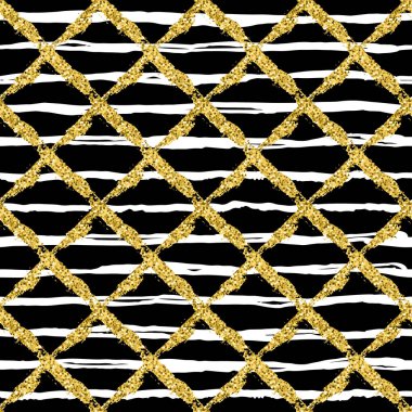 Modern Dikişsiz desen fırça ile ekose ve çapraz çizgili. Beyaz, siyah zemin üzerine altın metalik renk. Altın glitter doku. Mürekkep geometrik öğeleri. Moda podyum stil. Kumaş bez yineleyin