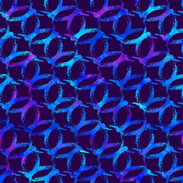ブラシの円とバブルのシームレスなパターン。暗い背景に水彩色はブルー。手描きのグランジ テクスチャ。インクの幾何学的な要素。現代のファッションスタイルです。無限ファブリックのプリント. — ストック写真