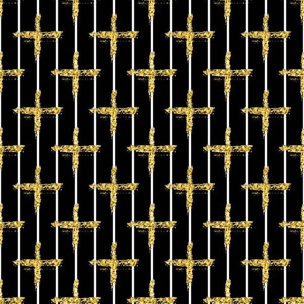 Moderne naadloze patroon met borstel strepen en kruis. Wit, goud metallic kleur op zwarte achtergrond. Gouden glitter textuur. Inkt geometrische elementen. Mode catwalk style. Herhalen van stof doek afdrukken. — Stockfoto