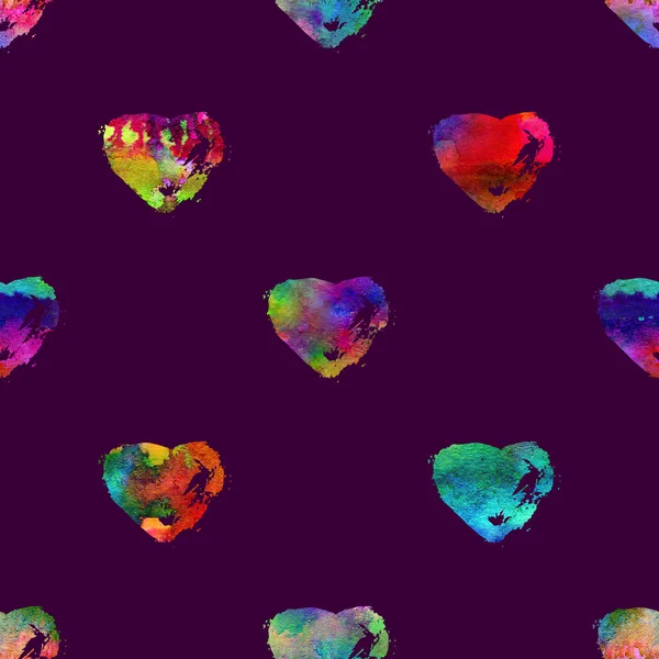 Απρόσκοπτη μοτίβο με πινέλο heartss. Χρώμα του ουράνιου τόξου σε μοβ φόντο. Χειροποίητη υφή grange. Μελάνι grange στοιχεία. Διακοσμητικό στολίδι της αγάπης σημάδι. Επανάληψη εκτύπωσης ύφασμα. — Φωτογραφία Αρχείου