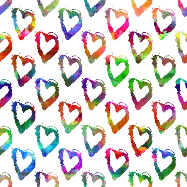 Seamless mönster med pensel heartss. Regnbågens färger på vit bakgrund. Handmålade grange textur. Bläck grange element. Dekorativ prydnad av kärlek tecken. Upprepa tyg utskrift. — Stockfoto
