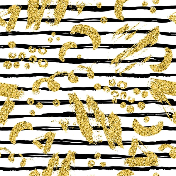 Altın glitter fırça şerit, leke ve nokta ile modern seamless modeli. Beyaz zemin üzerine altın, siyah renk. Metalik doku el boyalı. Parlak kıvılcım öğeleri. Moda modern tarzı. Tekrar Yazdır. — Stok fotoğraf
