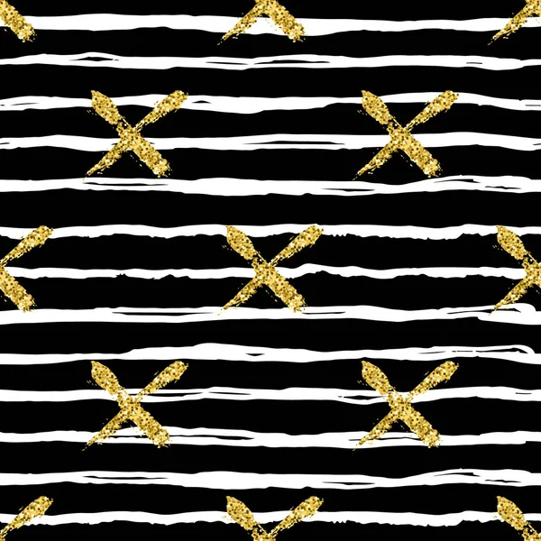 Modern seamless pattern with brush stripes and cross. White, gold metallic color on black background. Golden glitter texture. Ink geometric elements. Fashion catwalk style. Repeat fabric cloth print. — Stock Photo, Image