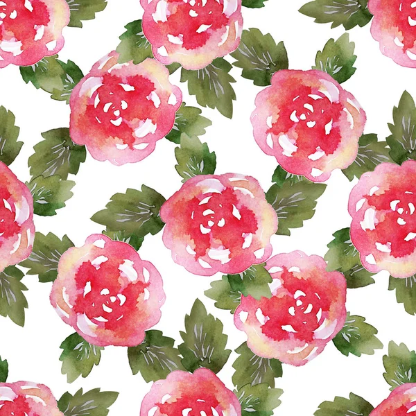 バラの花と葉ヴィンテージ花柄シームレス パターン。無限の織物壁紙の印刷します。手描き水彩の要素。美しさの花束。ピンク、赤。白い背景の上の緑. — ストック写真