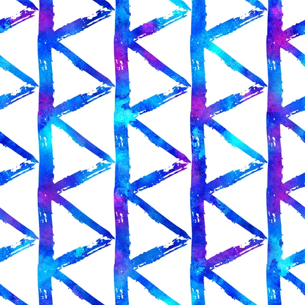 Бесшовные треугольники кисти шаблона. Синий цвет на белом фоне. Мбаппе раскрасил гамму текстур. Геометрические элементы чернил. В стиле поверхностного ребенка. Повторяю фэнтезийную клетчатую ткань. Акварель — стоковое фото
