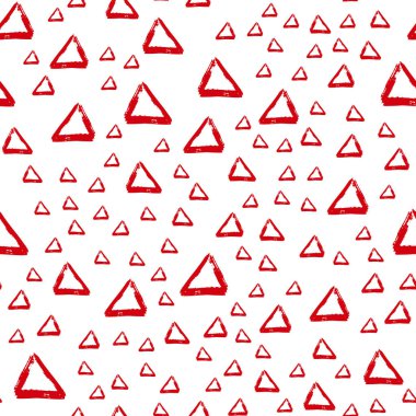Vektör Dikişsiz desen fırça çizgileri ve üçgen. Beyaz zemin üzerine kırmızı renk. Grange doku çizim. Mürekkep geometrik öğeleri. Moda modern tarzı. Kumaş zemin süsleme yazdır tekrar