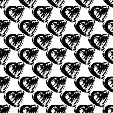 Vektör fırça heartss ile seamless modeli. Beyaz arka planda siyah renk. Grange doku el boyalı. Mürekkep grange öğeleri. Dekoratif süsleme sevgi işareti. Tekrar kumaş baskı.