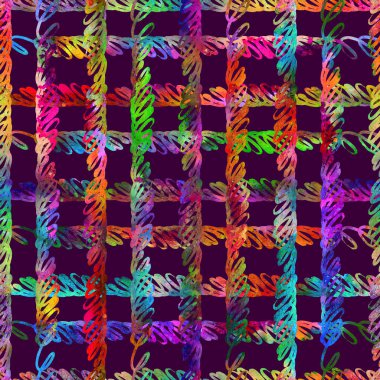 fırça şerit ekose ile Seamless modeli. Gökkuşağı sulu boya rengi mor zemin üzerine. Yerel grange doku çizim. Mürekkep geometrik öğeleri. Tekrar kumaş baskı. Kumaş için zemin kaplaması.