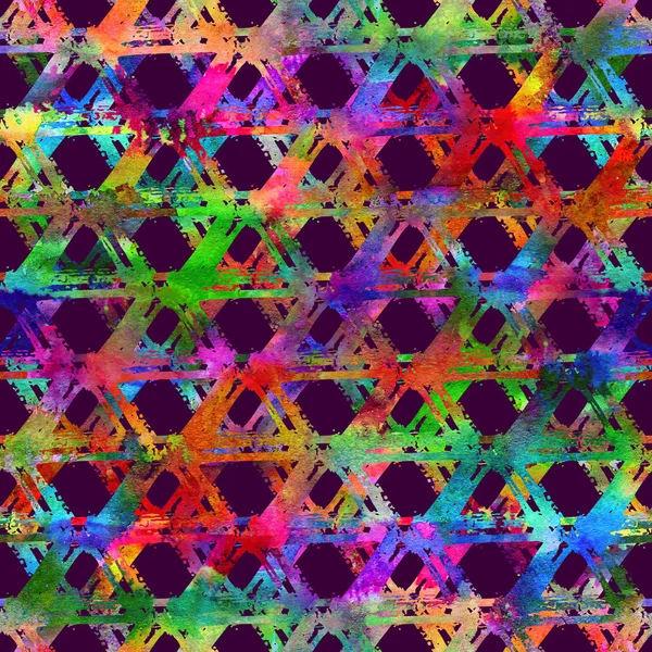 seamless pattern with brush stripes and strokes plaid. Rainbow watercolor color on violet background. Hand painted grange texture. Ink geometric elements. Fashion modern style. Endless fabric print.