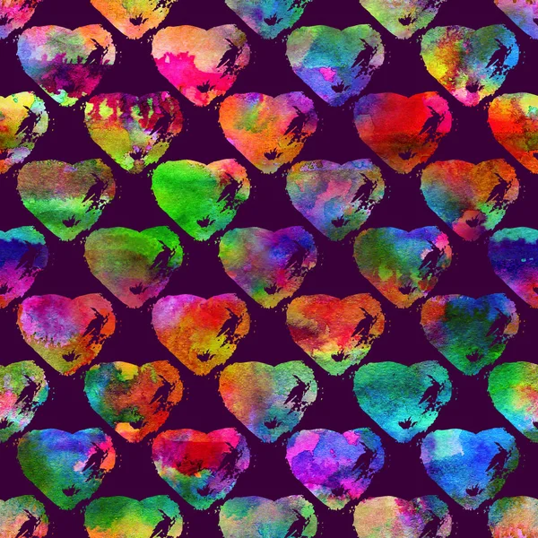 Seamless Pattern Brush Hearts Rainbow Color Violet Background Hand Painted — Stock Photo, Image