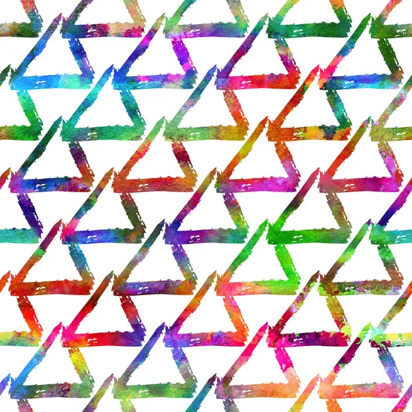 Patrón sin costuras cepillo colorido triángulo. Color arco iris sobre fondo blanco. Textura grange pintada a mano. Elementos geométricos de tinta. Estilo moderno de moda. Fantasía interminable estampado de tela a cuadros. Acuarela — Foto de Stock