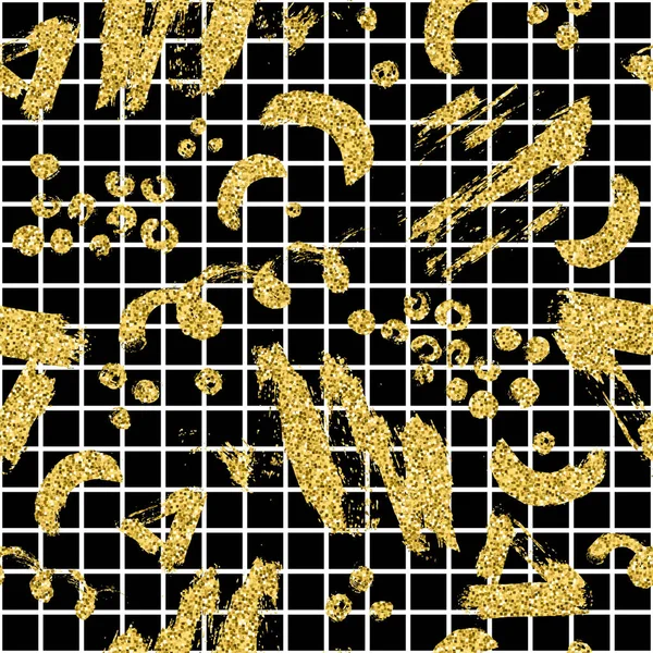 Σύγχρονη απρόσκοπτη μοτίβο με χρυσό glitter βούρτσα λωρίδα, blot και καρό. Χρυσή, λευκό χρώμα, σε μαύρο φόντο. Χειροποίητη μεταλλική υφή. Λαμπερά σπίθα στοιχεία. Μοντέρνο στυλ μόδα. Επαναλάβετε την εκτύπωση — Φωτογραφία Αρχείου
