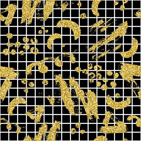 Moderna sömlösa mönster med guldglitter borste stripe, blot och pläd. Golden, vit färg på svart bakgrund. Handmålade metalliska textur. Glänsande spark element. Modern stil. Upprepa print — Stockfoto