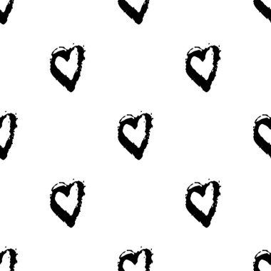 Vektör fırça heartss ile seamless modeli. Beyaz arka planda siyah renk. Grange doku el boyalı. Mürekkep grange öğeleri. Dekoratif süsleme sevgi işareti. Tekrar kumaş baskı.