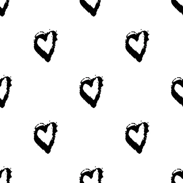 Vector seamless pattern with brush heartss. Black color on white background. Hand painted grange texture. Ink grange elements. Decorative ornament of love sign. Repeat fabric print. — Stock Vector