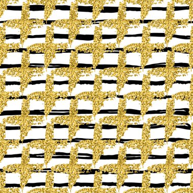 Modern Dikişsiz desen fırça çizgileri ve çapraz. Beyaz arka planda siyah, altın metalik renk. Altın glitter doku. Mürekkep geometrik öğeleri. Moda podyum stil. Kumaş bez baskı yineleyin.