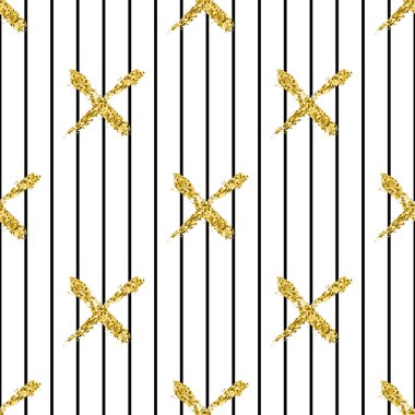 Modern Dikişsiz desen fırça çizgileri ve çapraz. Beyaz arka planda siyah, altın metalik renk. Altın glitter doku. Mürekkep geometrik öğeleri. Moda podyum stil. Kumaş bez baskı yineleyin.