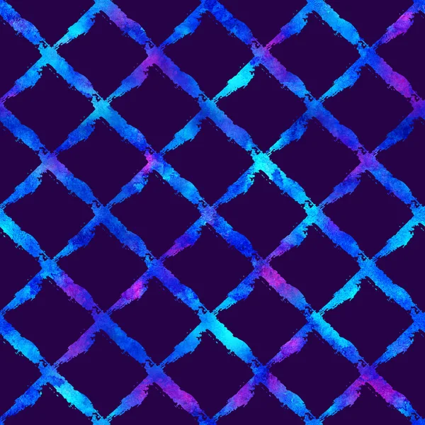 seamless pattern brush stripes plaid. Blue color on violet background. Hand painted grange texture. Ink geometric elements. Fashion modern style. Endless fantasy plaid fabric print. Watercolor