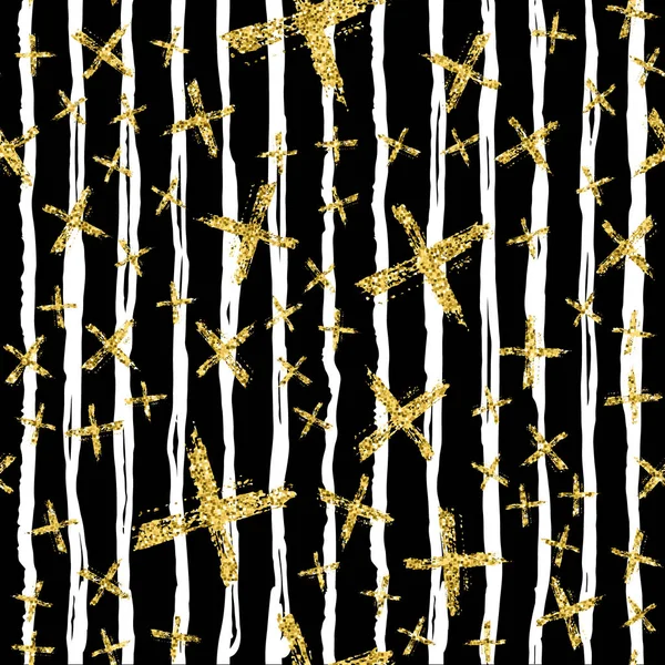 Σύγχρονη απρόσκοπτη μοτίβο με ρίγες βούρτσα και σταυρό. Λευκό, χρυσό μεταλλικό χρώμα σε μαύρο φόντο. Χρυσά glitter υφή. Τα γεωμετρικά στοιχεία του μελανιού. Μόδα πασαρέλα στυλ. Επαναλάβετε την εκτύπωση υφάσματος πανί. — Φωτογραφία Αρχείου