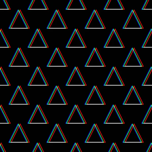 Vector seamless Glitch pattern. Цвет на черном фоне. Треугольный элемент. Цифровой шум и дизайн. Телевизионный сигнал не работает. Техническая проблема гранж обои. Повторная печать . — стоковый вектор