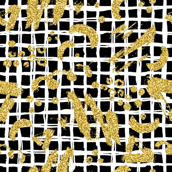 Σύγχρονη απρόσκοπτη μοτίβο με χρυσό glitter βούρτσα λωρίδα, blot και καρό. Χρυσή, λευκό χρώμα, σε μαύρο φόντο. Χειροποίητη μεταλλική υφή. Λαμπερά σπίθα στοιχεία. Μοντέρνο στυλ μόδα. Επαναλάβετε την εκτύπωση — Φωτογραφία Αρχείου
