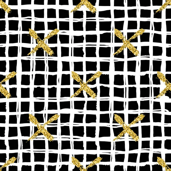 Moderne nahtlose Muster mit Pinselstreifen kariert und Kreuz. weiß, gold metallic auf schwarzem Hintergrund. goldene Glitzertextur. Tinte geometrischen Elementen. Mode Laufsteg-Stil. Stofftuch wiederholen — Stockfoto