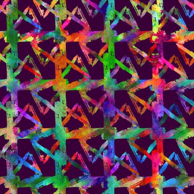 Dikişsiz desen fırça üçgen şal. Gökkuşağı rengi mor zemin üzerine. Grange doku el boyalı. Mürekkep geometrik öğeleri. Yüzey çocuk tarzı. Sonsuz fantezi ekose kumaş baskı. Suluboya