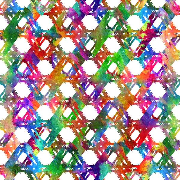 Patrón sin costuras cepillo colorido triángulo. Color arco iris sobre fondo blanco. Textura grange pintada a mano. Elementos geométricos de tinta. Estilo moderno de moda. Fantasía interminable estampado de tela a cuadros. Acuarela —  Fotos de Stock