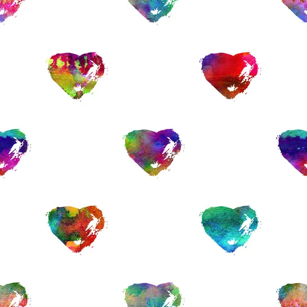 Seamless pattern with brush hearts. Rainbow color on white background. Hand painted grange texture. Ink grange elements. Decorative ornament of love sign. Repeat fabric print. — Stock Photo, Image