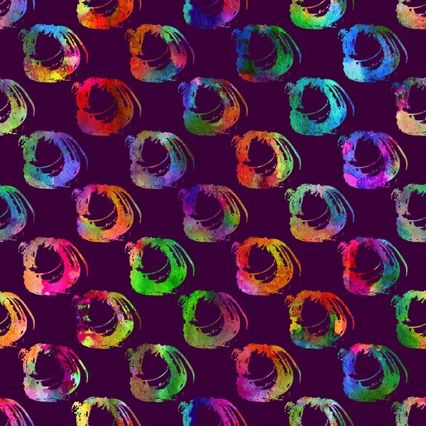 seamless pattern with brush stripes and strokes. Rainbow watercolor color on violet background. Hand painted grange texture. Ink geometric elements. Fashion modern style. Endless fabric print.