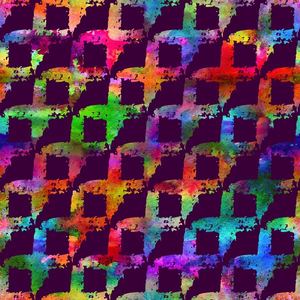 Varrat nélküli mintát ecsettel csík kockás. Szivárvány akvarell színes lila háttér. Rajz natív grange textúra. Tinta geometriai elemek. Ismételt szövet nyomtatási. Overlay hátteret ruhával. — Stock Fotó