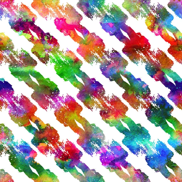 Colorful seamless pattern with brush strokes and dots. Rainbow watercolor color on white background. Hand painted grange texture. Ink geometric elements. Fashion modern style. Unusual — Stock Photo, Image