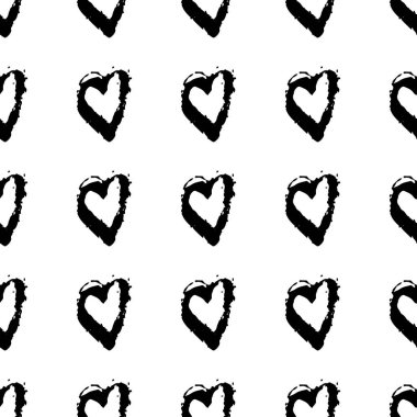 Vektör fırça heartss ile seamless modeli. Beyaz arka planda siyah renk. Grange doku el boyalı. Mürekkep grange öğeleri. Dekoratif süsleme sevgi işareti. Tekrar kumaş baskı.