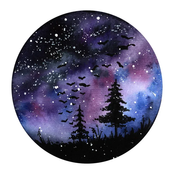 Watercolour painting Northern lights space landscape. Violet, black and blue colors. Modern new round illustration with galaxy trees. Art watercolor drawing background, artistic texture. Tree paint.