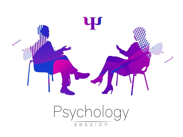 De psycholoog en de client. Psychotherapie. Abstracte geometrische vormen. . Vloeiende stijl. Psychologische counseling. Man vrouw praten terwijl u zit. Moderne vloeibare symbool logo. Ontwerp concept teken — Stockvector