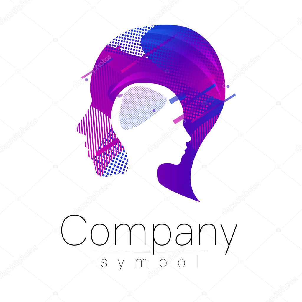 Modern head logo of Company Brand . Profile Human. Fluid style. Logotype in vector. Design concept. Gradient liquid isolated on white background. Abstract geometric shapes. Blue violet color. Sign