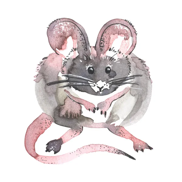 Egér akvarell illusztráció. Állati vicces ikonra. Szürke patkány, és rózsaszín fülek elszigetelt fehér background. 2020-as új év festés szimbólum. Rajzobjektum art design — Stock Fotó