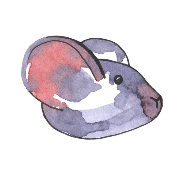 Egér akvarell illusztráció. Állati vicces ikonra. Szürke patkány, és rózsaszín fülek elszigetelt fehér background. 2020-as új év festés szimbólum. Rajzobjektum art design — Stock Fotó
