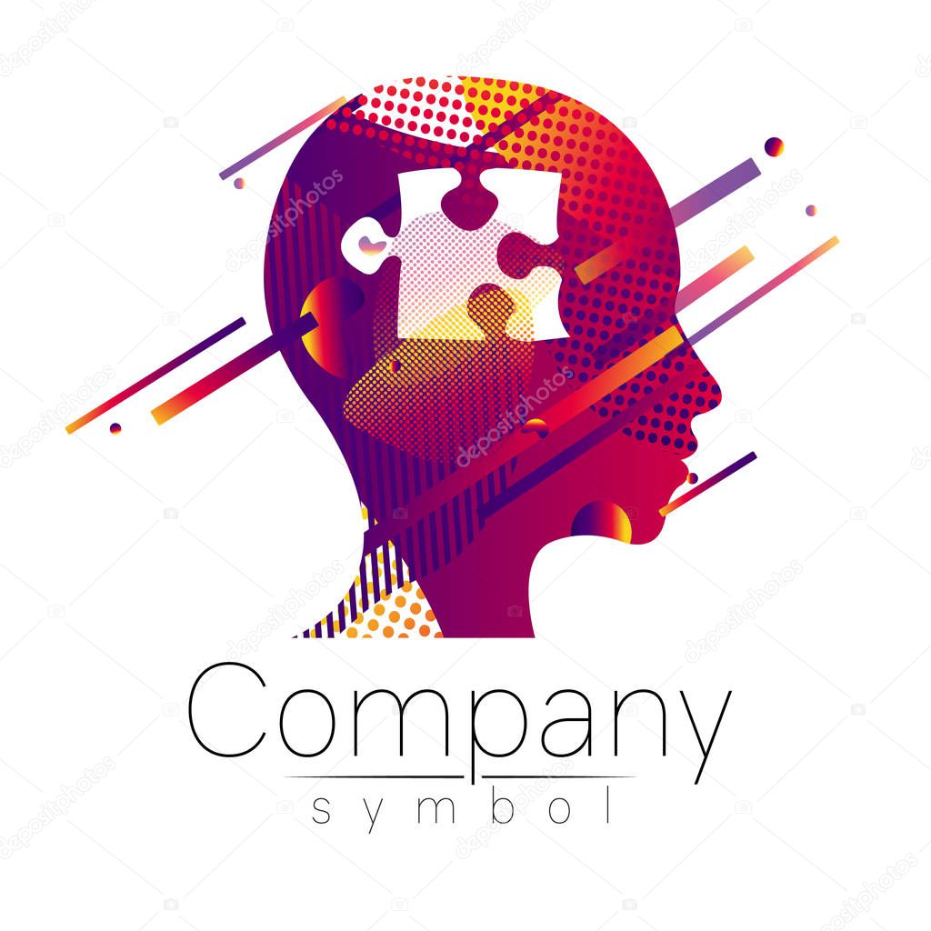 Modern head logo of Company Brand . Profile Human with puzzle. Fluid style. Logotype in vector. Design concept. Gradient liquid isolated on white background. Abstract geometric shapes. violet color