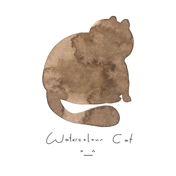 Akvarel, hnědá kočka izolovaných na bílém pozadí. Roztomilý jednoduchý zvířat ručně kreslené. Ilustrace styl. Znak nebo symbol, kotě. Barva prvek. Akvarelu šťastné zvíře. Děti obrázek. — Stock fotografie