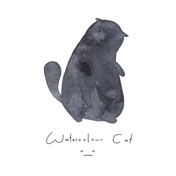 Akvarel, šedá černá kočka izolovaných na bílém pozadí. Roztomilý jednoduchý zvířat ručně kreslené. Ilustrace styl. Znak nebo symbol, kotě. Barva prvek. Akvarelu šťastné zvíře. Děti obrázek. — Stock fotografie