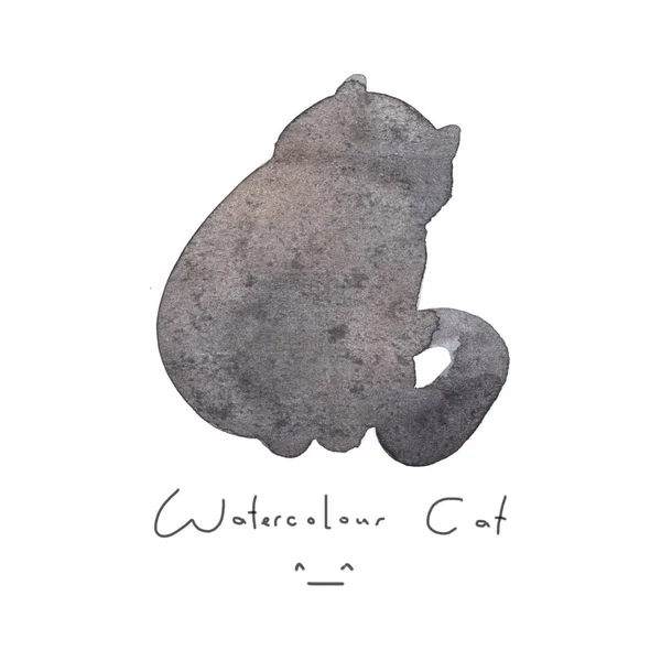 在白色背景上查出的水色灰色黑猫。可爱的简单的动物手画。插图样式。小猫的标志或符号。画图元素。水彩快乐宠物。儿童形象. — 图库照片