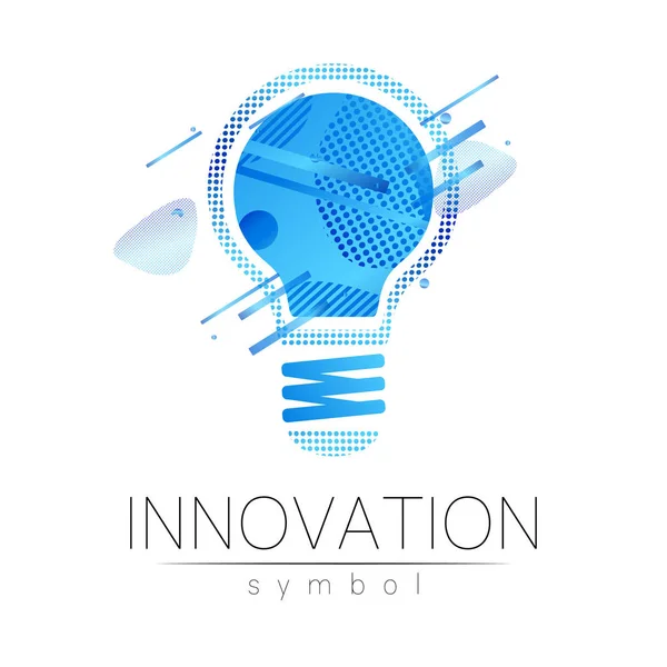 Logo sinal de inovação em ciência. Símbolo de lâmpada para conceito, negócios, tecnologia, ideia criativa, web. Cor do fluido azul isolado no fundo branco. Logotipo em vector. Estilo de design futurista . —  Vetores de Stock