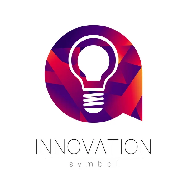 Logo sign of innovation in science. Lamp symbol for concept, business, technology, creative idea, web. Red violet olor isolated on white background. Logotype in vector. Futuristic design style.