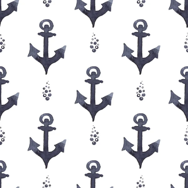 Anchor in indigo color painting. Watercolor art drawing. Sea blue colour. Ocean symbol . Seamless pattern for fabric, textile, background, decoration kid illustration. silhouette element for design. — Stock Photo, Image